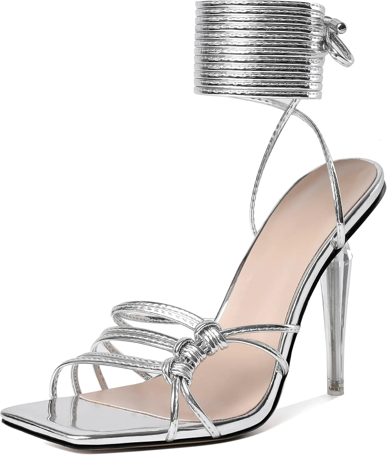 Joseywade Women's Strappy High Heel Sandals Open Square Toe Lace Up Heels 4 Inch Stiletto Heels Wrap Up Clear Heel Shoes