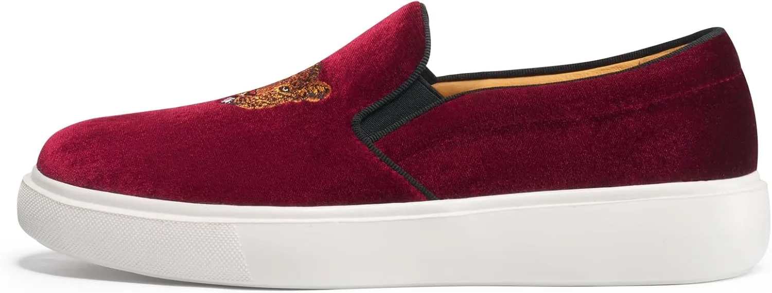 Journey West Men's Fashion Velvet Sneakers with Embroidery Comfortable Slip-On Walking Shoes for Men