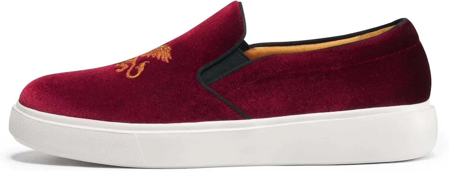 Journey West Men's Fashion Velvet Sneakers with Embroidery Comfortable Slip-On Walking Shoes for Men