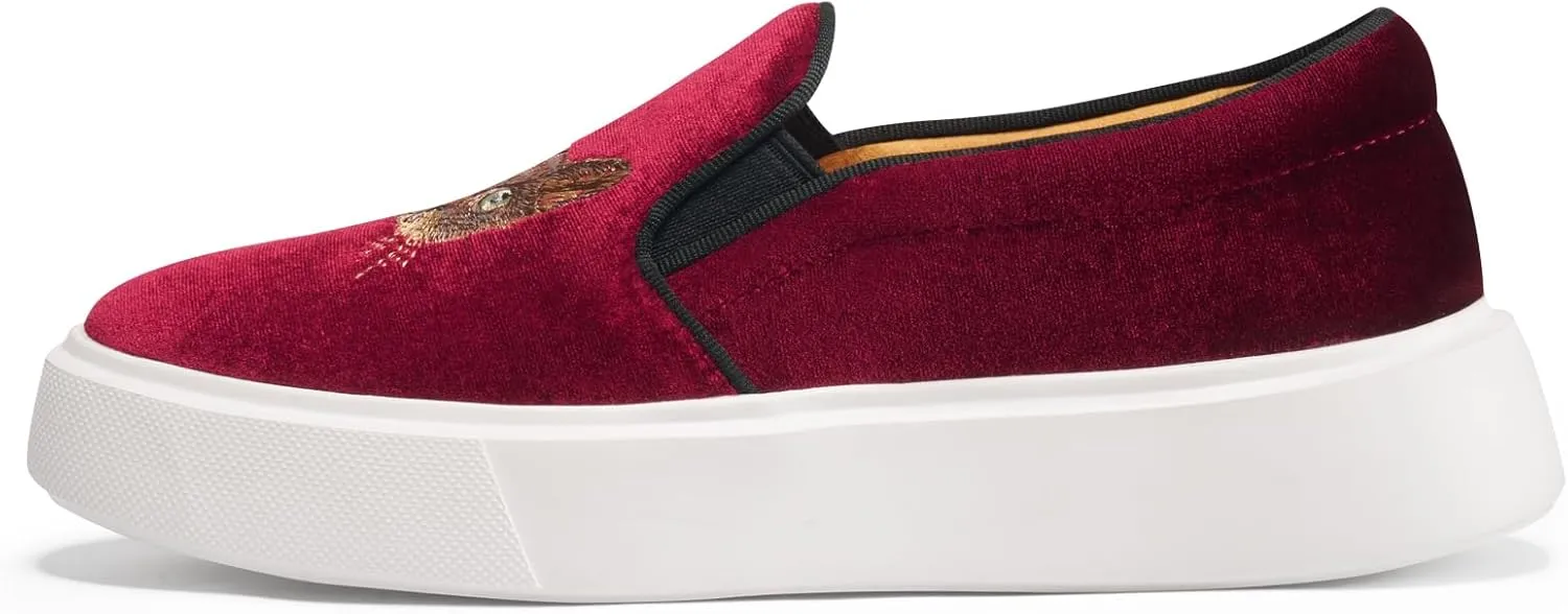 Journey West Women's Fashion Velvet Sneakers with Embroidery Comfortable Slip-On Work Shoes for Women
