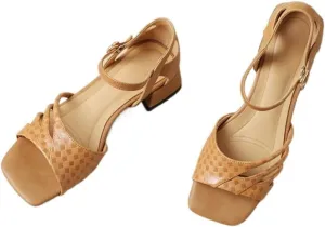 JSEIAJB Retro Embossed Leather Full Leather Hollow Square Toe Back Wrap Line Buckle Sandals for Women