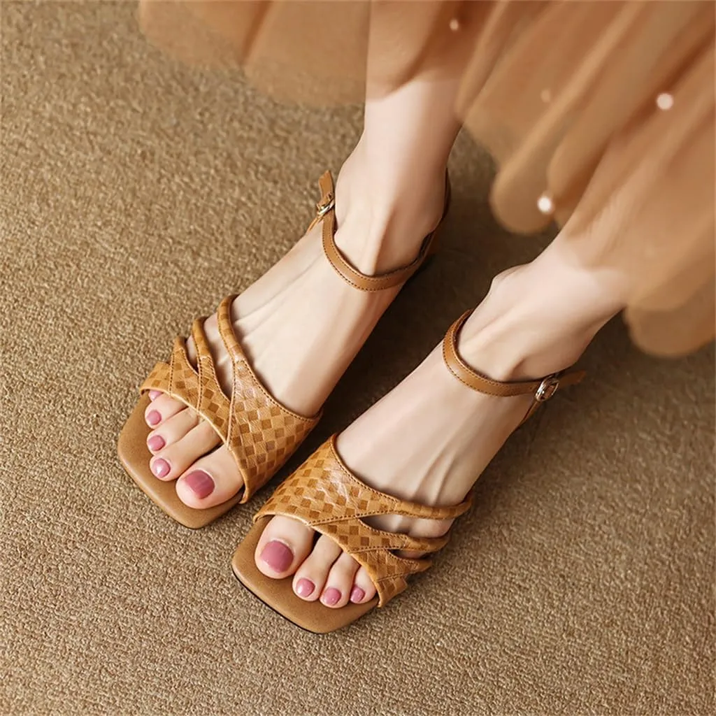 JSEIAJB Retro Embossed Leather Full Leather Hollow Square Toe Back Wrap Line Buckle Sandals for Women