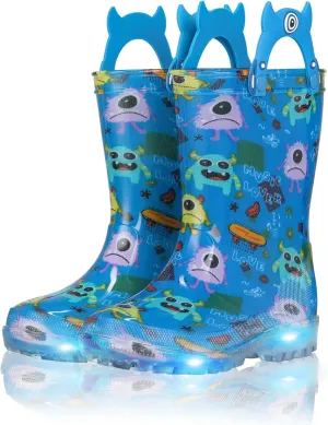 JSLOVE Toddler-Kids Light Up Rain Boots, Printed 100% Waterproof Glitter Rain Boots with Easy On Handles for Girls and Boys, Mud Lightweight Adorable with Non-Slip Sole