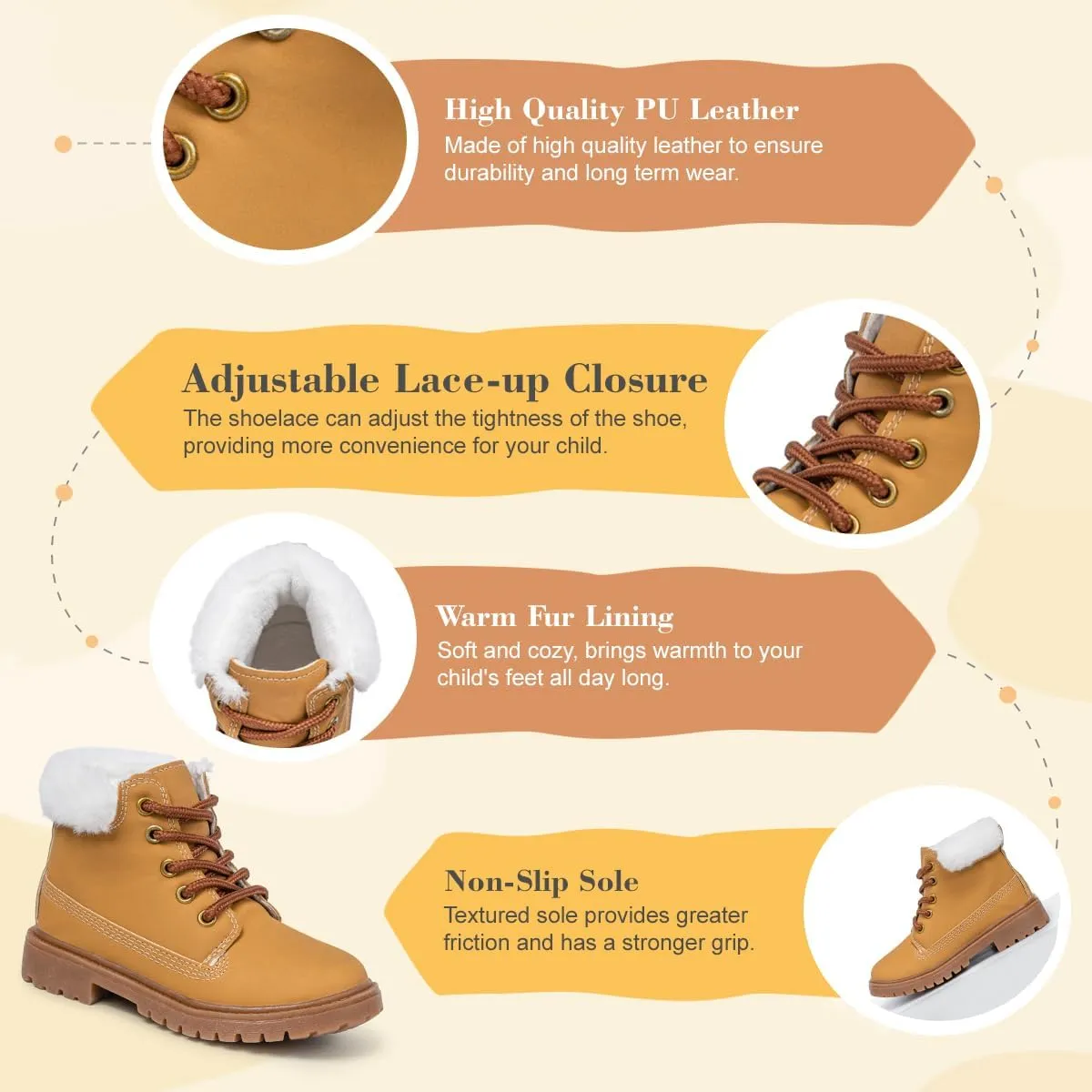 Kannior Boys Hiking Snow Boots Little Kid High Top Dress Shoes Toddler Lace Up Non-Slip Texture Sole Loafer Ankle Flats PU Leather Classic Casual Walking Work Boot(Toddler/Little Kid)