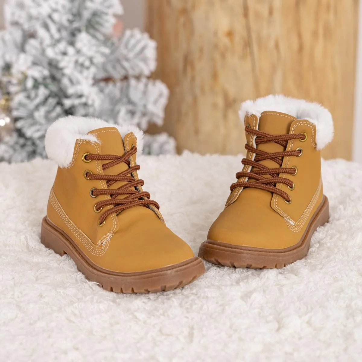 Kannior Boys Hiking Snow Boots Little Kid High Top Dress Shoes Toddler Lace Up Non-Slip Texture Sole Loafer Ankle Flats PU Leather Classic Casual Walking Work Boot(Toddler/Little Kid)