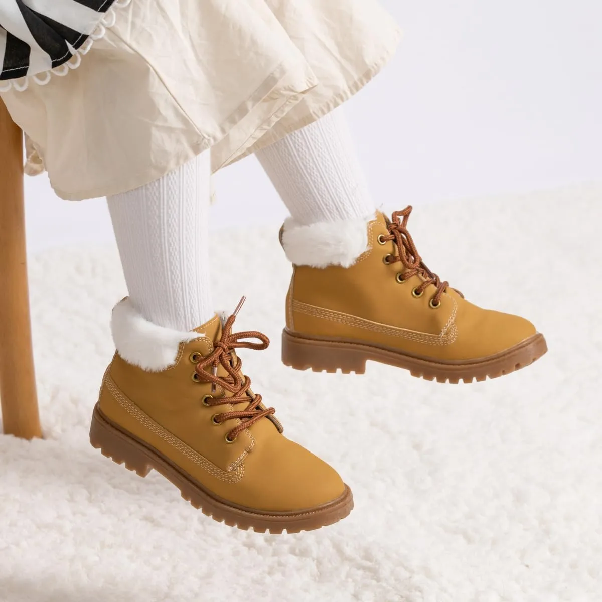 Kannior Boys Hiking Snow Boots Little Kid High Top Dress Shoes Toddler Lace Up Non-Slip Texture Sole Loafer Ankle Flats PU Leather Classic Casual Walking Work Boot(Toddler/Little Kid)