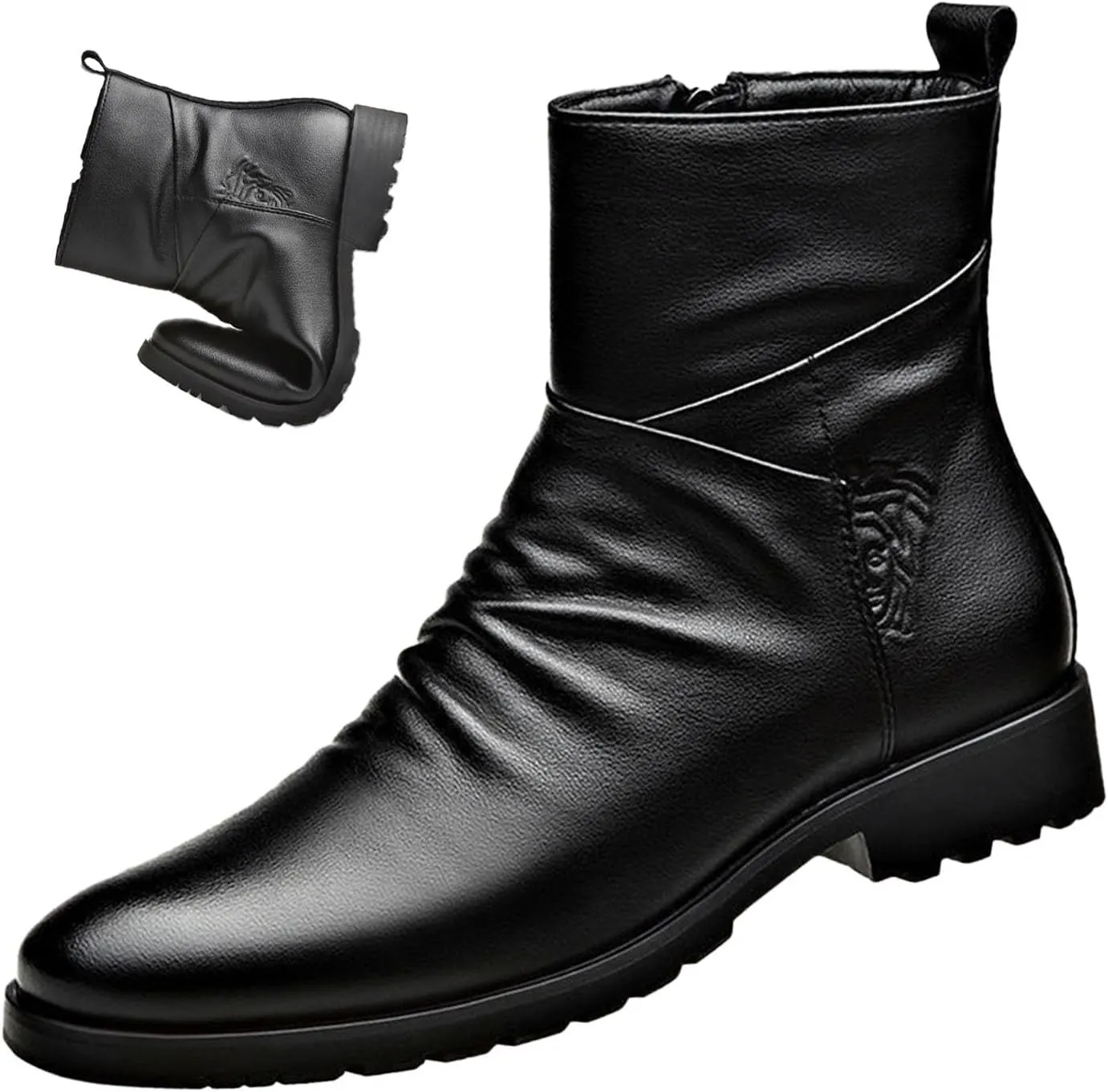 Keilinia Men's Black Leather High-top Dress Ankle Boot,2023 New Fall Winter Fashion Zip Plain Toe Business Casual Short Boots