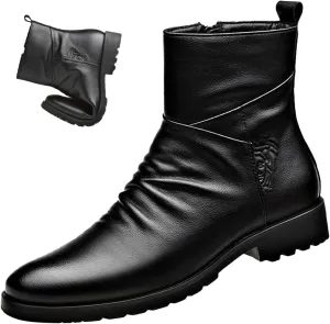 Keilinia Men's Black Leather High-top Dress Ankle Boot,2023 New Fall Winter Fashion Zip Plain Toe Business Casual Short Boots