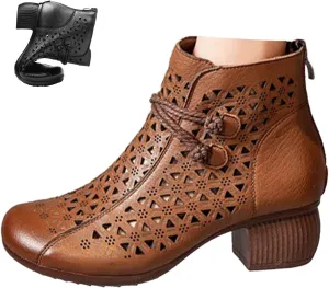 Keilinia Women's Leather Cutout Dress Booties,Summer Round Toe Comfy Breathe Chunky Block Softsole Zip Casual Short Ankle Boots
