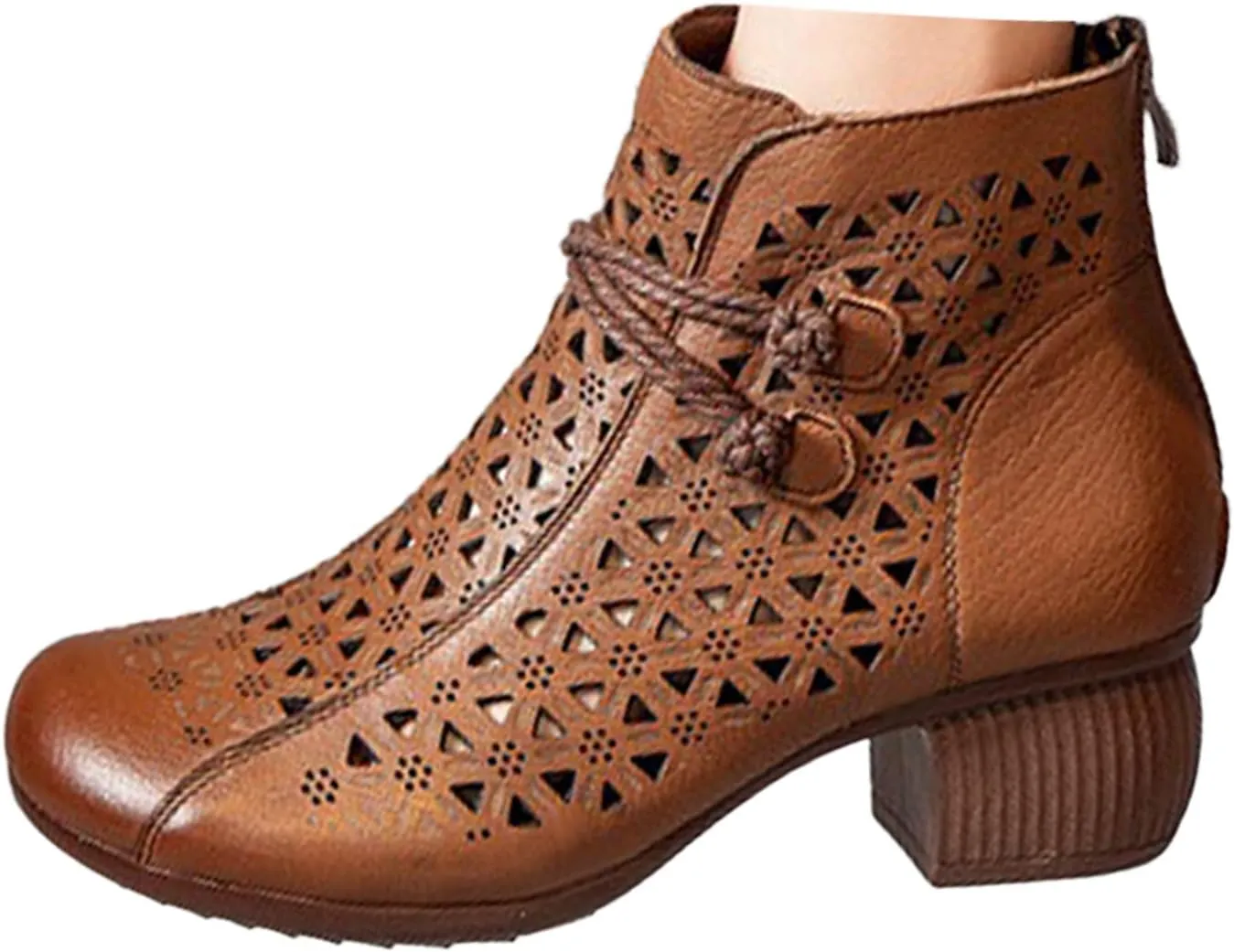 Keilinia Women's Leather Cutout Dress Booties,Summer Round Toe Comfy Breathe Chunky Block Softsole Zip Casual Short Ankle Boots