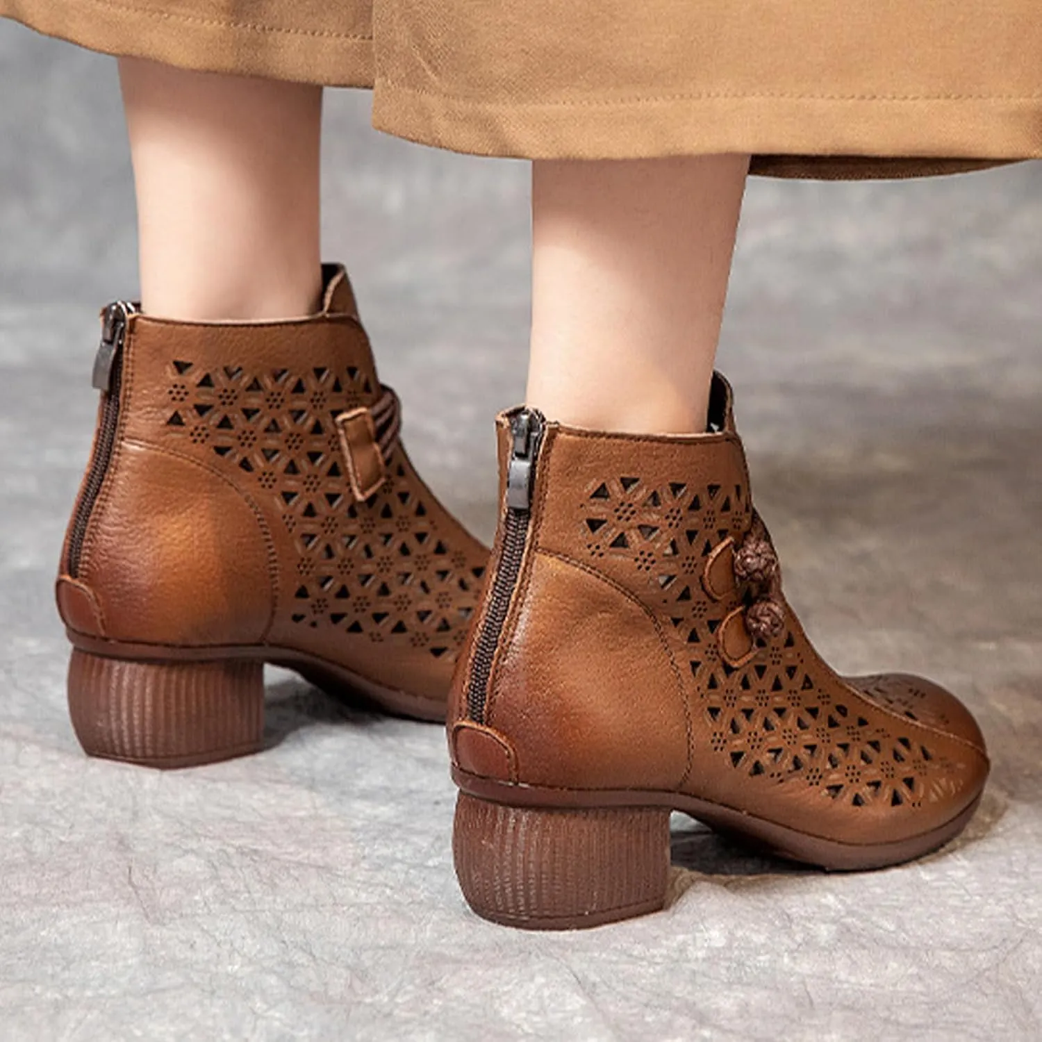 Keilinia Women's Leather Cutout Dress Booties,Summer Round Toe Comfy Breathe Chunky Block Softsole Zip Casual Short Ankle Boots