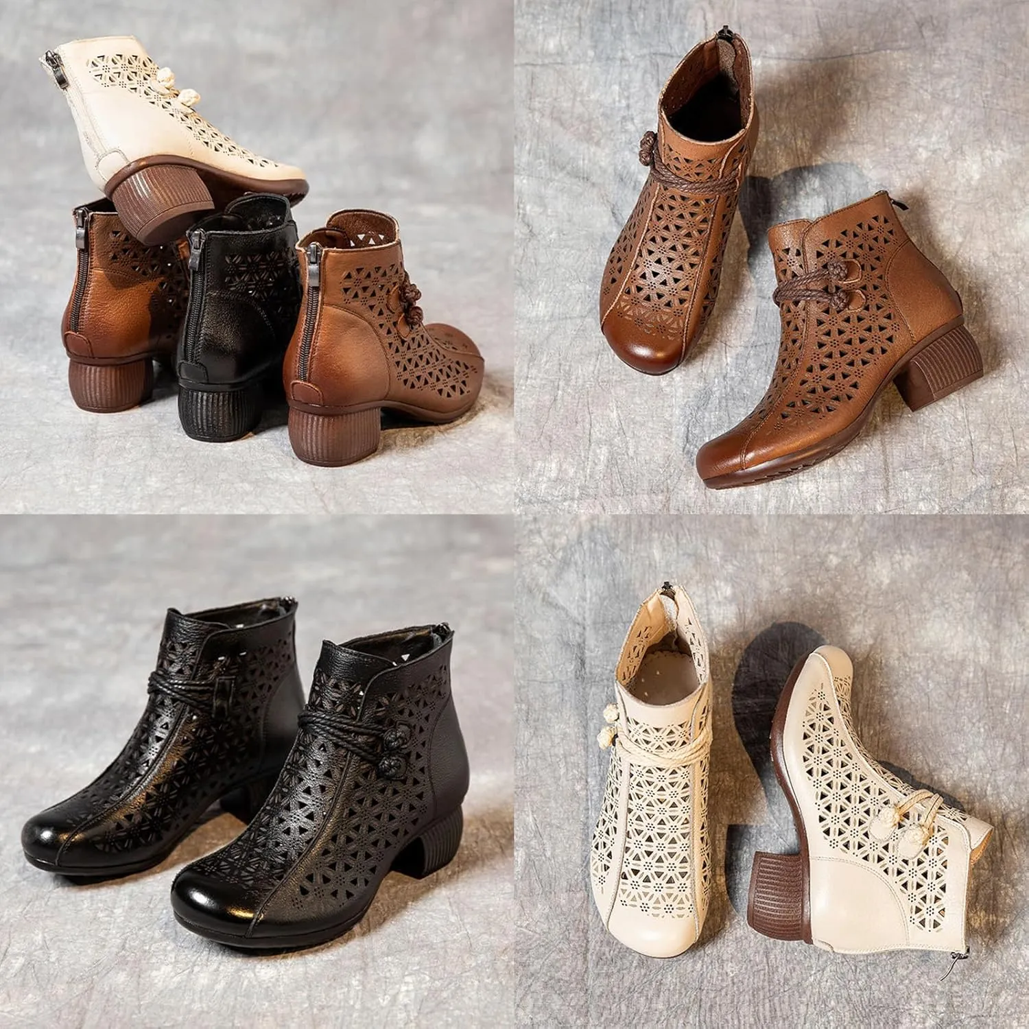 Keilinia Women's Leather Cutout Dress Booties,Summer Round Toe Comfy Breathe Chunky Block Softsole Zip Casual Short Ankle Boots