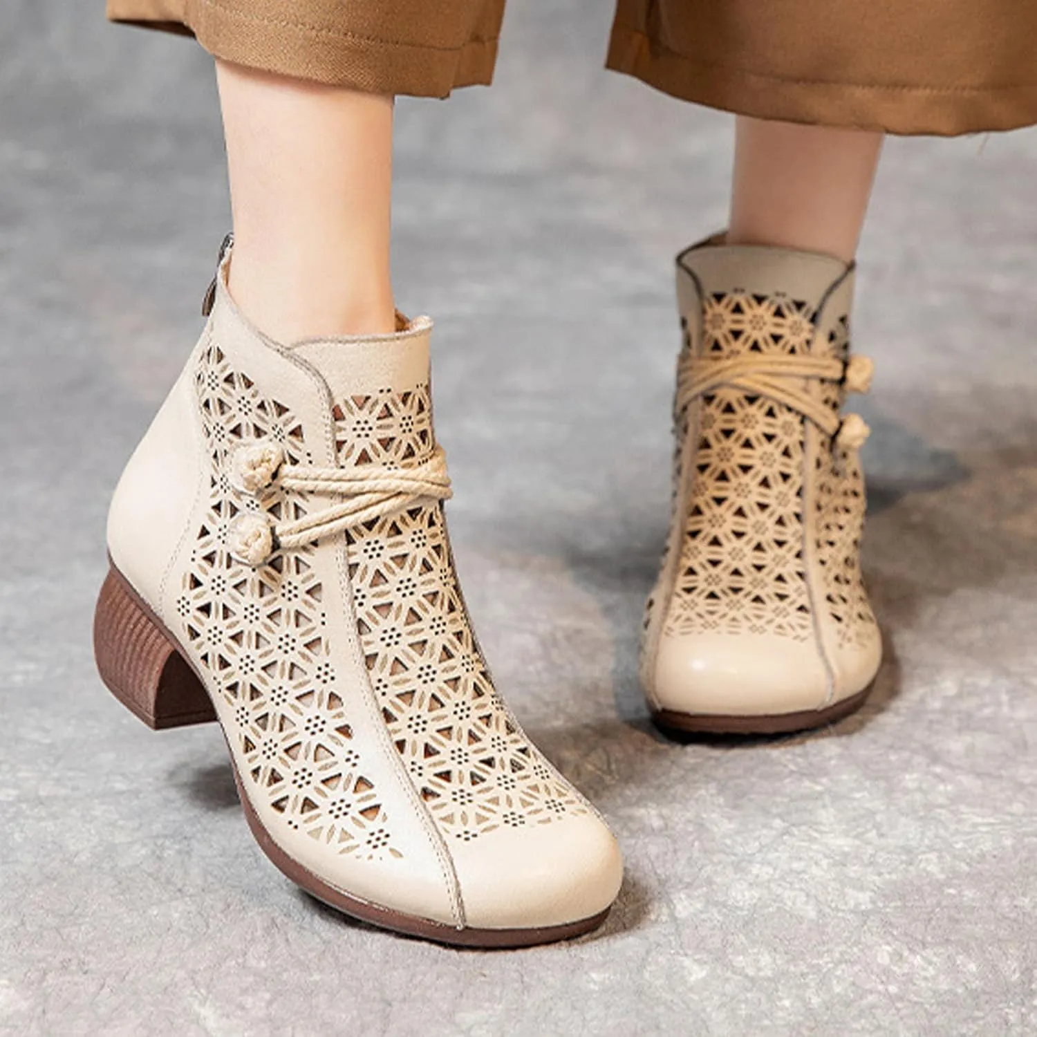 Keilinia Women's Leather Cutout Dress Booties,Summer Round Toe Comfy Breathe Chunky Block Softsole Zip Casual Short Ankle Boots