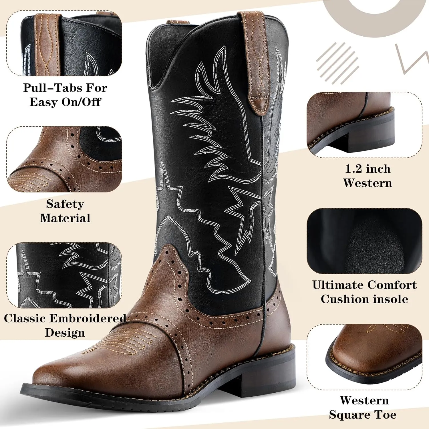 Kids Cowboy Boots Western Square Toe Boots for Boys and Girls Cowgirl Halloween Costume for Little and Big Kid