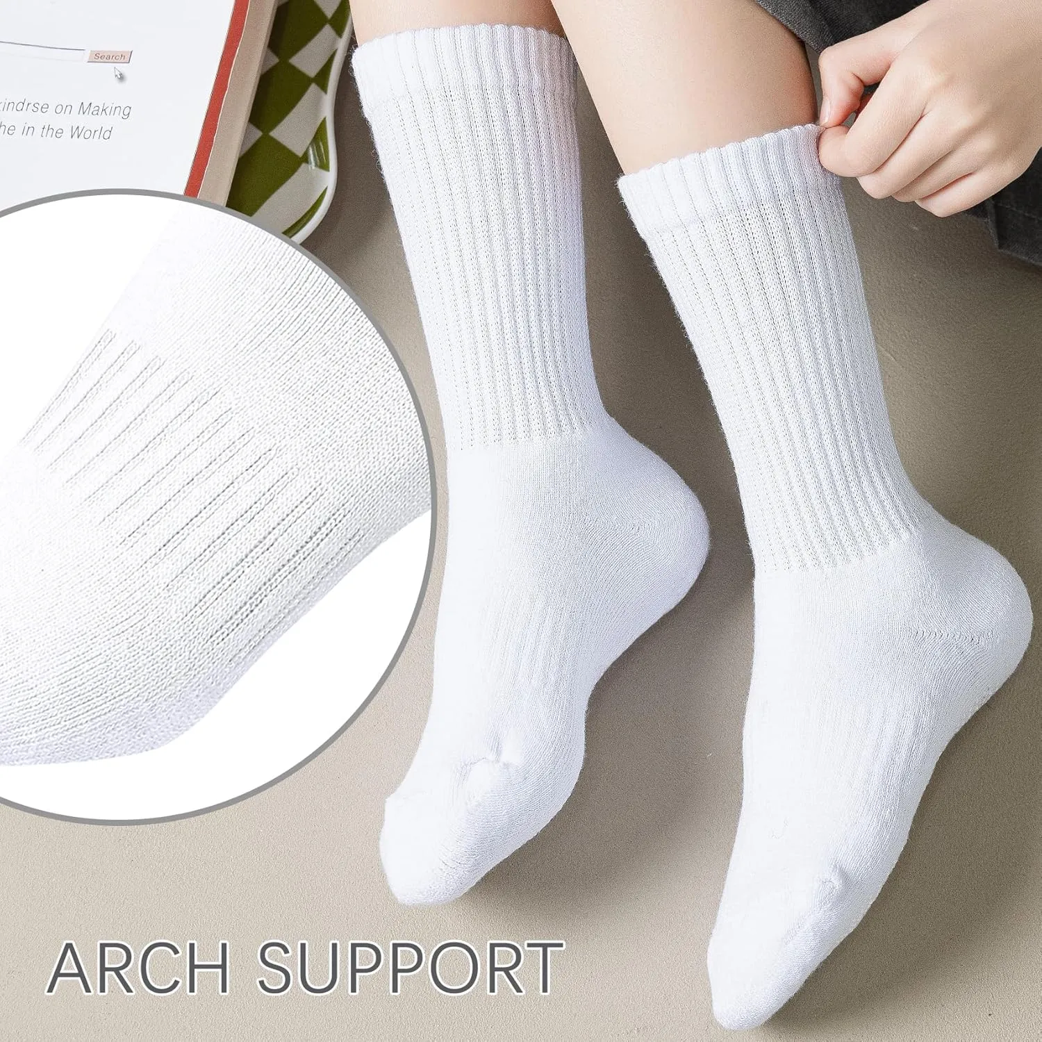 Kids Crew Socks Boys Cushioned Athletic Socks Girls Cotton Dress Sock Sports School Uniform Youth 6 Pairs