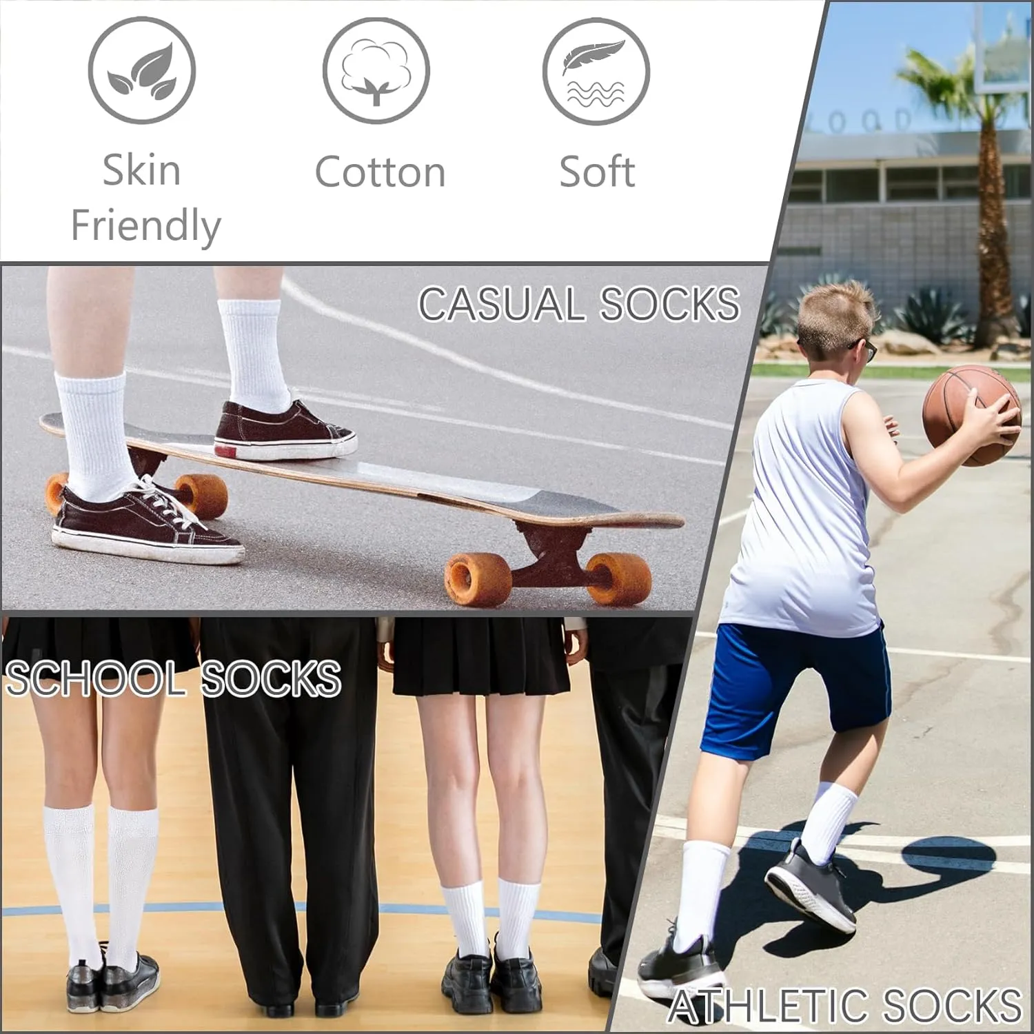 Kids Crew Socks Boys Cushioned Athletic Socks Girls Cotton Dress Sock Sports School Uniform Youth 6 Pairs
