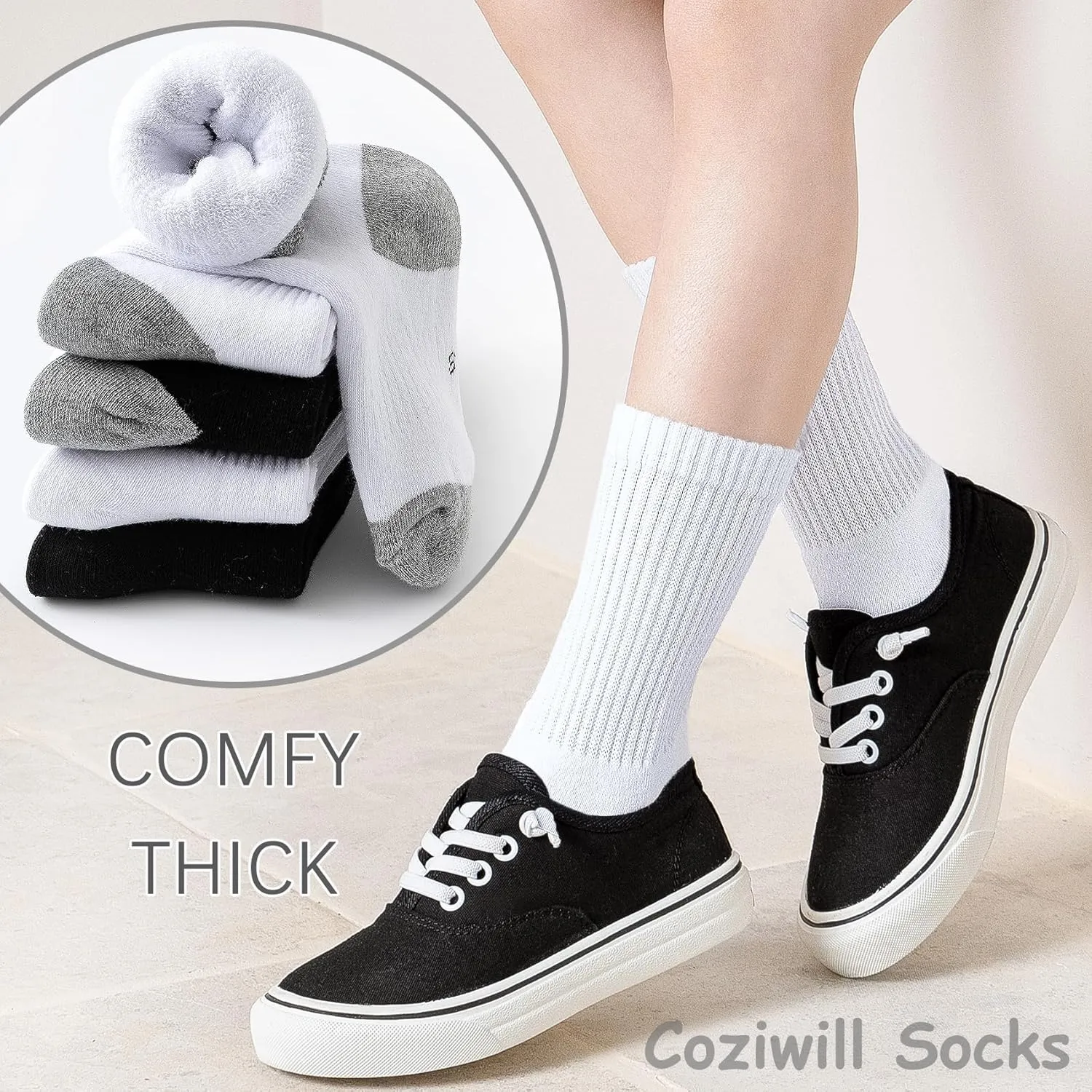Kids Crew Socks Boys Cushioned Athletic Socks Girls Cotton Dress Sock Sports School Uniform Youth 6 Pairs