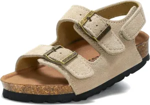 Kids Toddler Suede Sandals Cork Footbed Arch Support Slipper Boys Girls Summer Sandal with Adjustable Buckle and Back Strap Non Slip Open Toe Kid Slippers