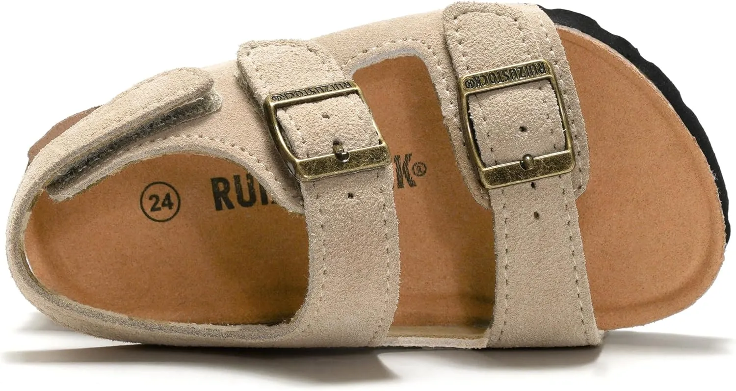 Kids Toddler Suede Sandals Cork Footbed Arch Support Slipper Boys Girls Summer Sandal with Adjustable Buckle and Back Strap Non Slip Open Toe Kid Slippers
