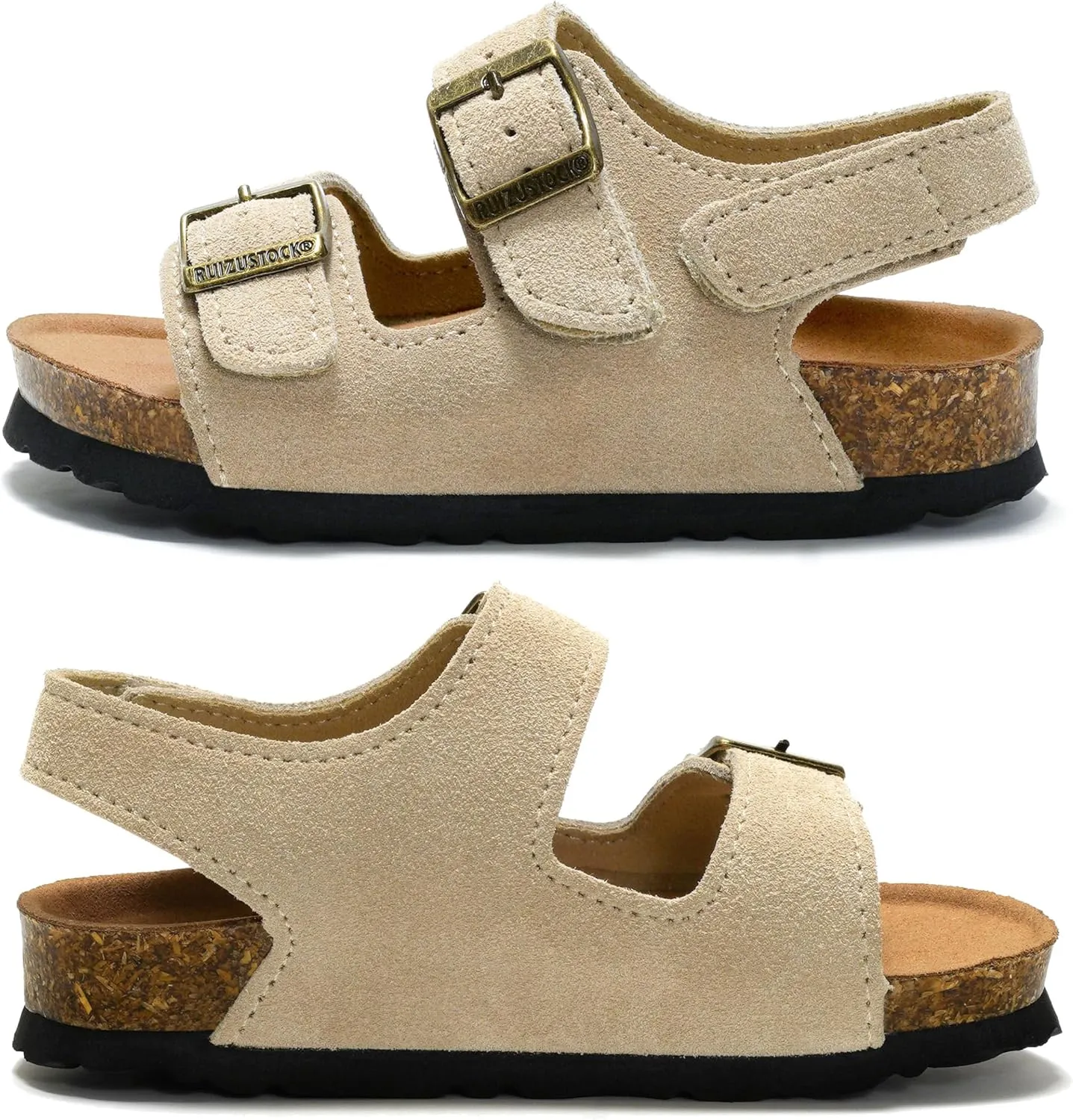 Kids Toddler Suede Sandals Cork Footbed Arch Support Slipper Boys Girls Summer Sandal with Adjustable Buckle and Back Strap Non Slip Open Toe Kid Slippers