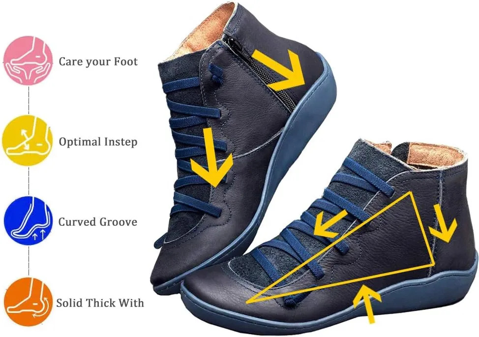 KINOW Arch Support Boots Women Leather Ankle Boots High Top Wedge Bootie Damping Shoes