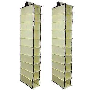 KisSealed 2 Pack 10 Shelves Fabric Hanging Closet Storage Organizer, for Shoes, Handbags, Clothes - 6 x 12 x 47 inch (Beige)