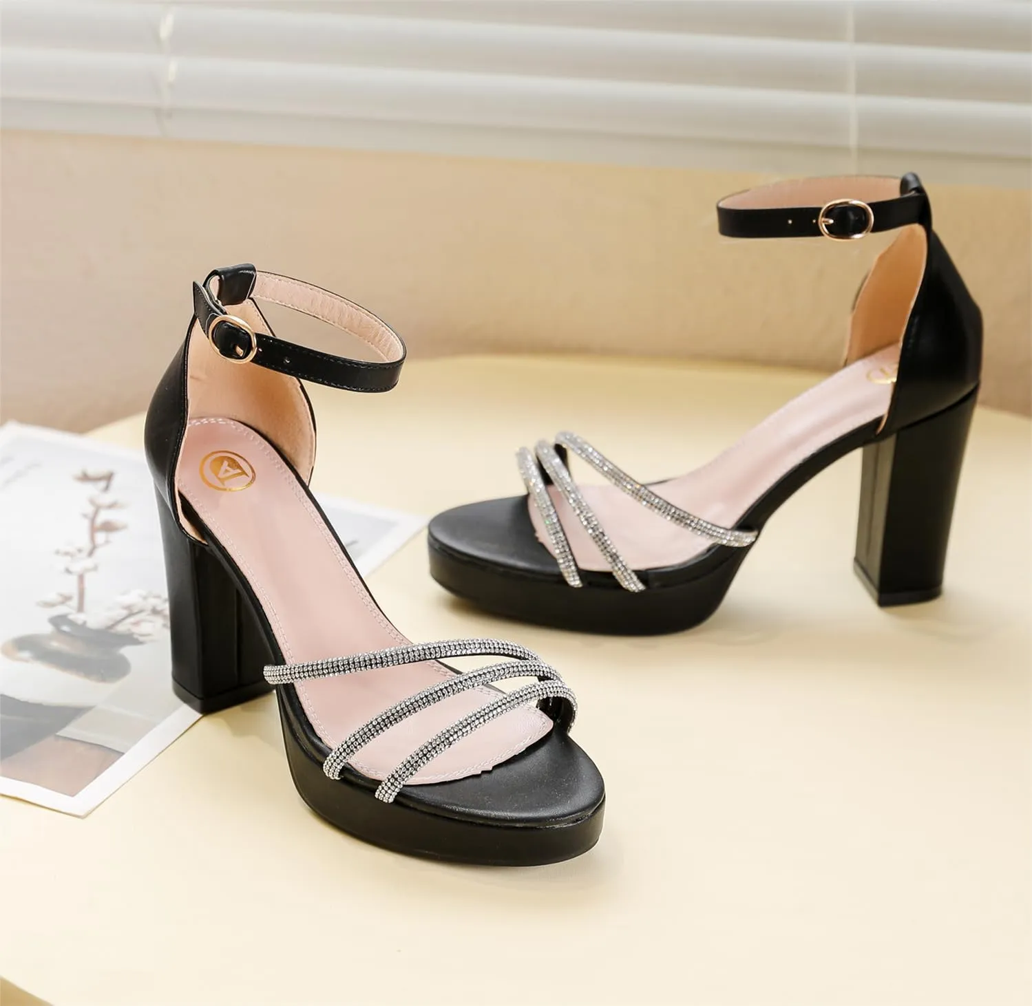 kkdom Platform Heels for Women Sparkle Rhinestone Open Toe Ankle Strap High Heels Sexy Sandals Comfort Women Dressy Summer Shoe for Party Dating Daily Work
