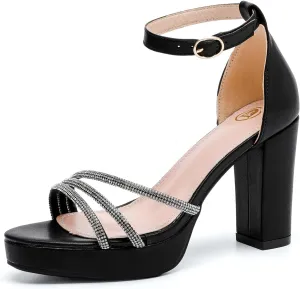 kkdom Platform Heels for Women Sparkle Rhinestone Open Toe Ankle Strap High Heels Sexy Sandals Comfort Women Dressy Summer Shoe for Party Dating Daily Work