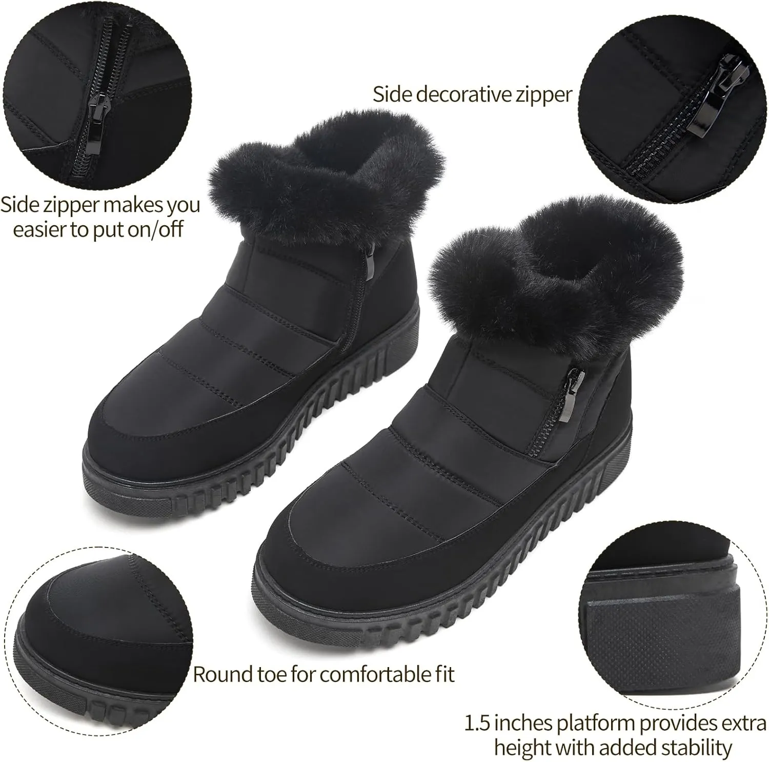 kufeiti Women's Waterproof Fall Winter Snow Boots Platform Fur Lined Ankle Boots for Women with Side Zipper Non Slip Outdoor Work Boots