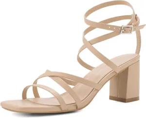 LACUONE Strappy Heels for women Square Toe Chunky Block Heels Ankle Buckle Pump Heeled Sandals