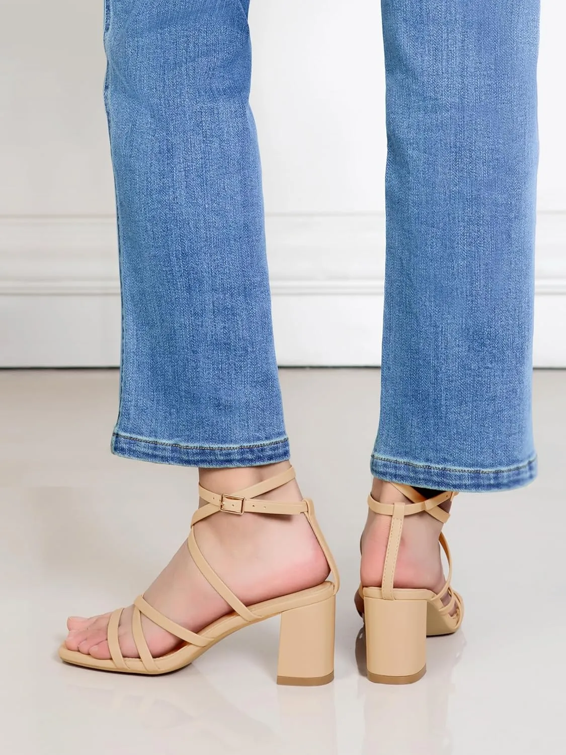 LACUONE Strappy Heels for women Square Toe Chunky Block Heels Ankle Buckle Pump Heeled Sandals