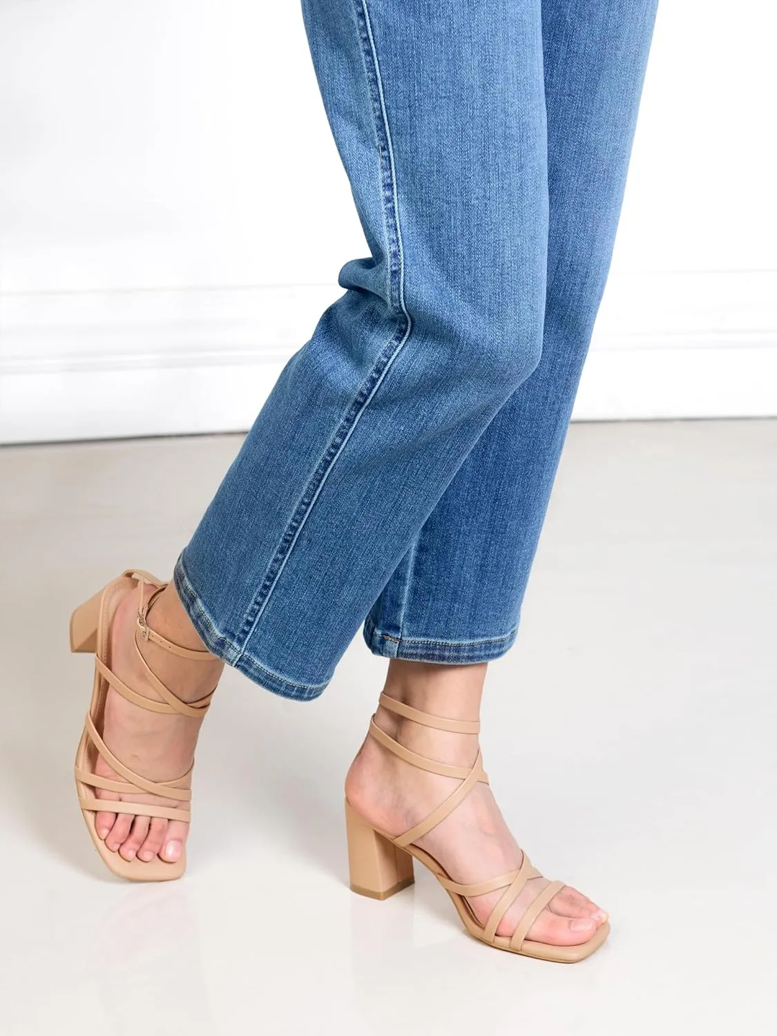 LACUONE Strappy Heels for women Square Toe Chunky Block Heels Ankle Buckle Pump Heeled Sandals