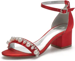 Ladies Mid Low Block Heel Strappy Sandals Pearl Satin Evening Party Wedding Shoes