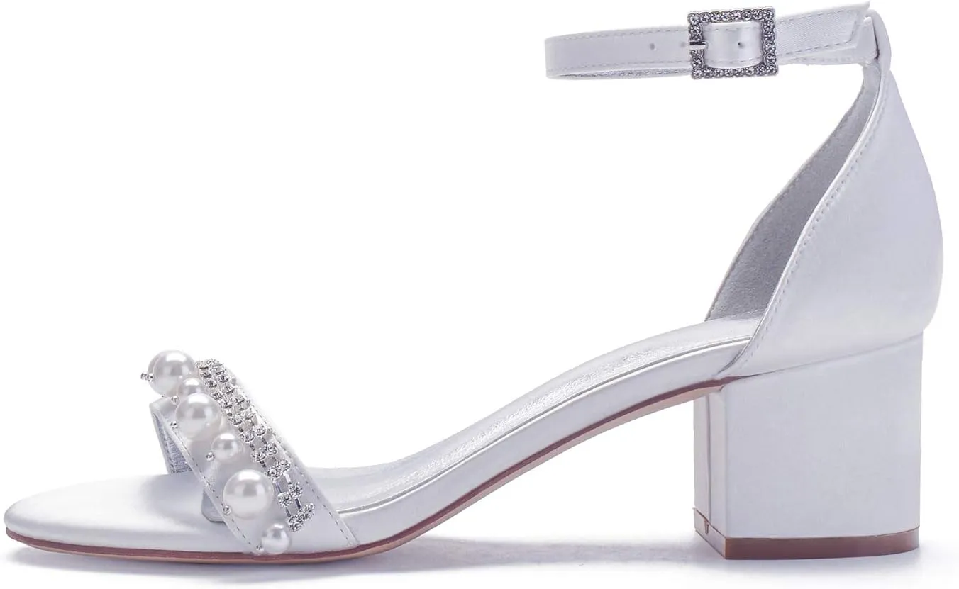 Ladies Mid Low Block Heel Strappy Sandals Pearl Satin Evening Party Wedding Shoes