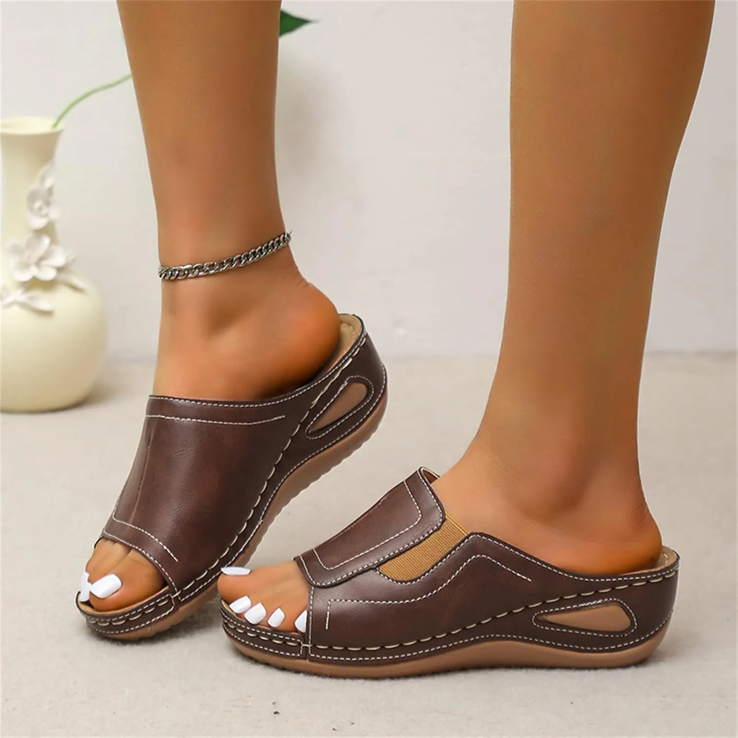 Ladmiple Sandals Women Comfortable Flower Orthopedic Flip Flops Arch Support Wedge Slippers Casual Roman Slip On Sandal