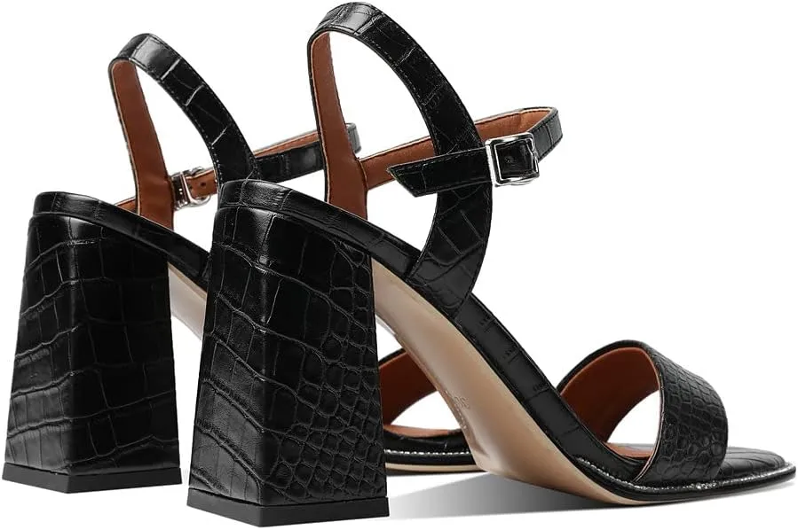 LEHOOR Chunky Heel Rhinestone Sandals Ankle Strap Round Peep Toe 3.5 Inch High Block Heel Crystal Sandals One Single Band Matte Leather Two piece Crocodile Dress Shoes for Summer Wedding Casual Sexy 4-11 M US