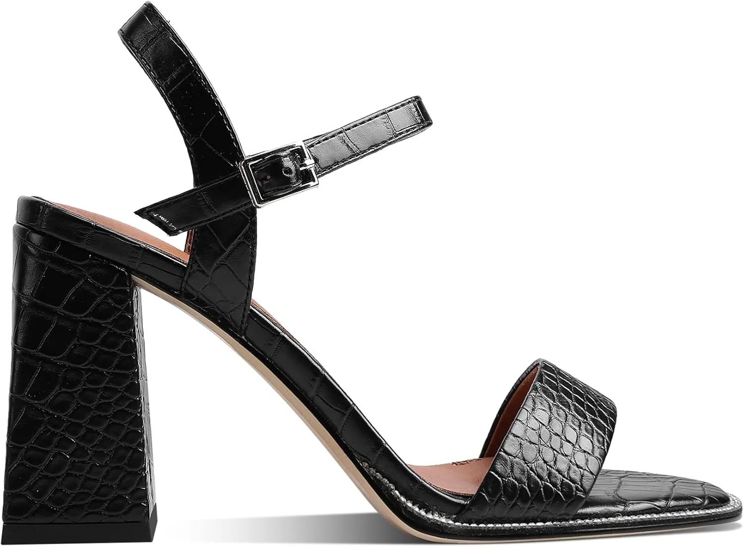 LEHOOR Chunky Heel Rhinestone Sandals Ankle Strap Round Peep Toe 3.5 Inch High Block Heel Crystal Sandals One Single Band Matte Leather Two piece Crocodile Dress Shoes for Summer Wedding Casual Sexy 4-11 M US