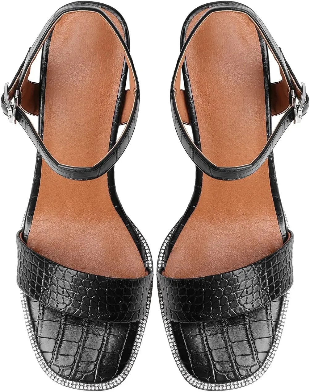 LEHOOR Chunky Heel Rhinestone Sandals Ankle Strap Round Peep Toe 3.5 Inch High Block Heel Crystal Sandals One Single Band Matte Leather Two piece Crocodile Dress Shoes for Summer Wedding Casual Sexy 4-11 M US