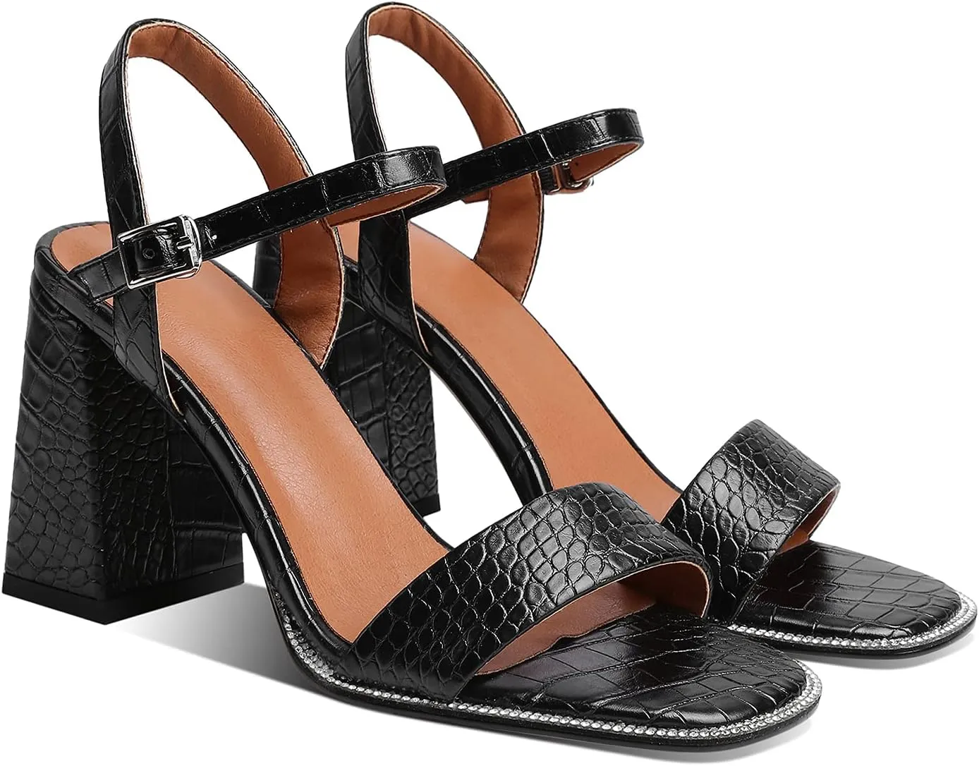 LEHOOR Chunky Heel Rhinestone Sandals Ankle Strap Round Peep Toe 3.5 Inch High Block Heel Crystal Sandals One Single Band Matte Leather Two piece Crocodile Dress Shoes for Summer Wedding Casual Sexy 4-11 M US