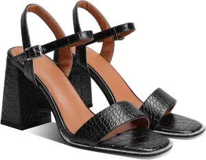 LEHOOR Chunky Heel Rhinestone Sandals Ankle Strap Round Peep Toe 3.5 Inch High Block Heel Crystal Sandals One Single Band Matte Leather Two piece Crocodile Dress Shoes for Summer Wedding Casual Sexy 4-11 M US