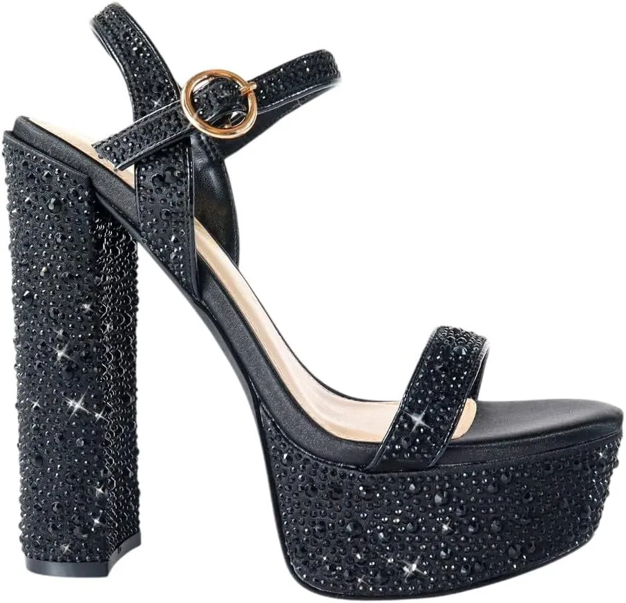 Liliana Womens Rhinestones Ankle Strap Chunky High Heels Sandals
