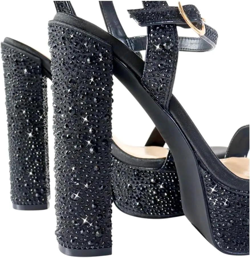 Liliana Womens Rhinestones Ankle Strap Chunky High Heels Sandals