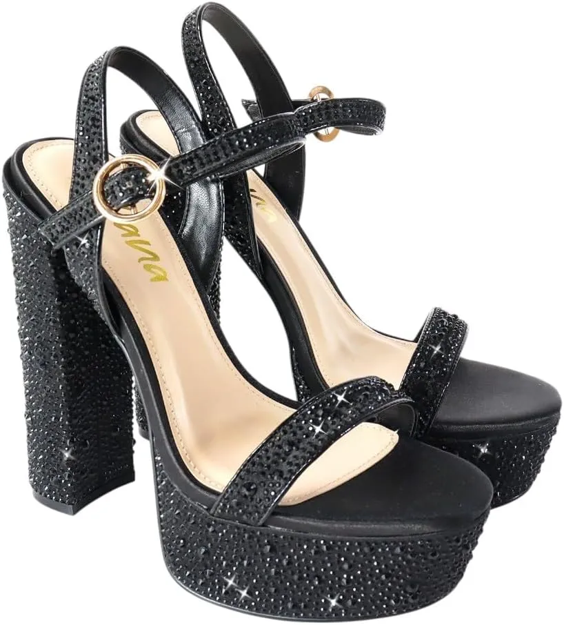 Liliana Womens Rhinestones Ankle Strap Chunky High Heels Sandals