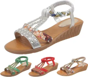 Low Wedge Sandals for Women Bohemia Beach Shoes Elastic Ankle Strap with Arch Support Slip On Open Toe Rhinestone Summer Comfortable Shoe