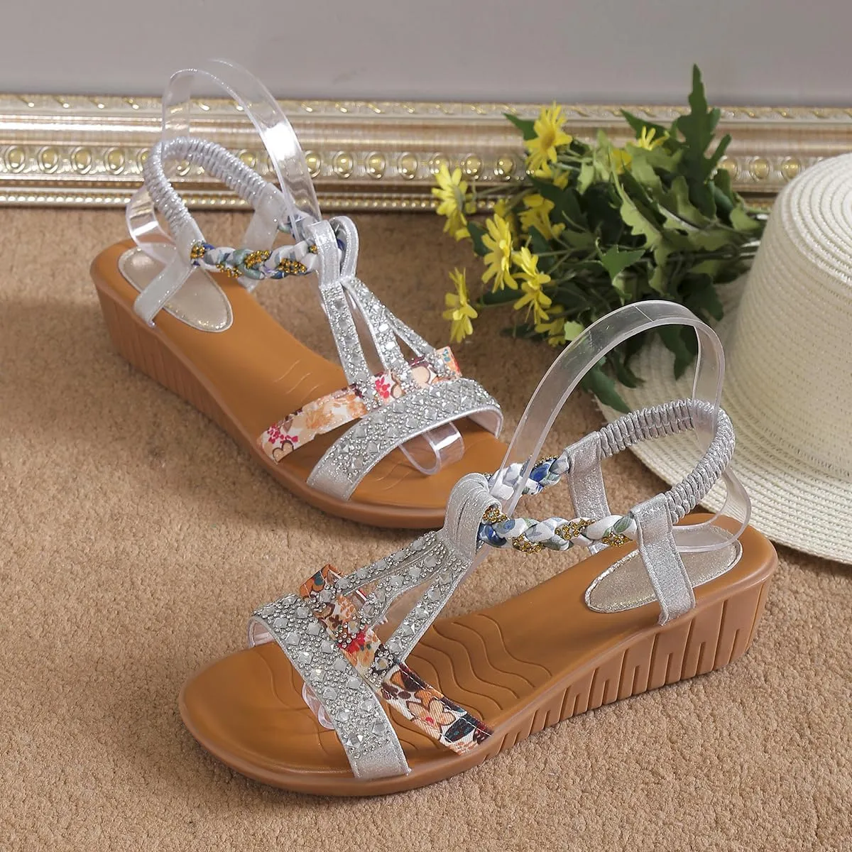 Low Wedge Sandals for Women Bohemia Beach Shoes Elastic Ankle Strap with Arch Support Slip On Open Toe Rhinestone Summer Comfortable Shoe