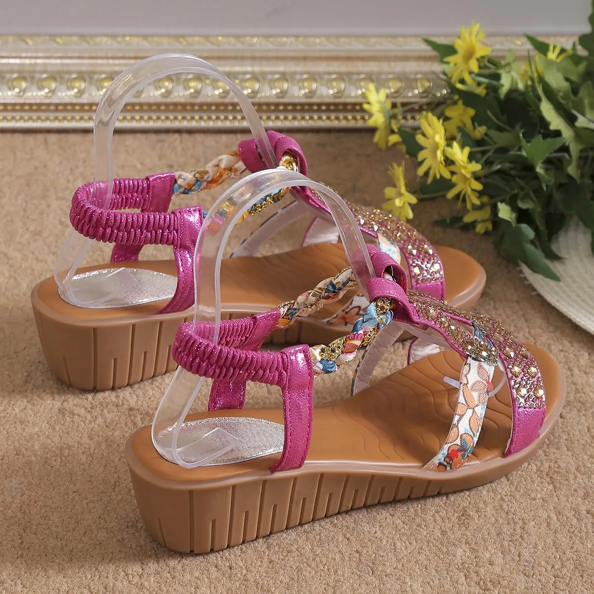 Low Wedge Sandals for Women Bohemia Beach Shoes Elastic Ankle Strap with Arch Support Slip On Open Toe Rhinestone Summer Comfortable Shoe