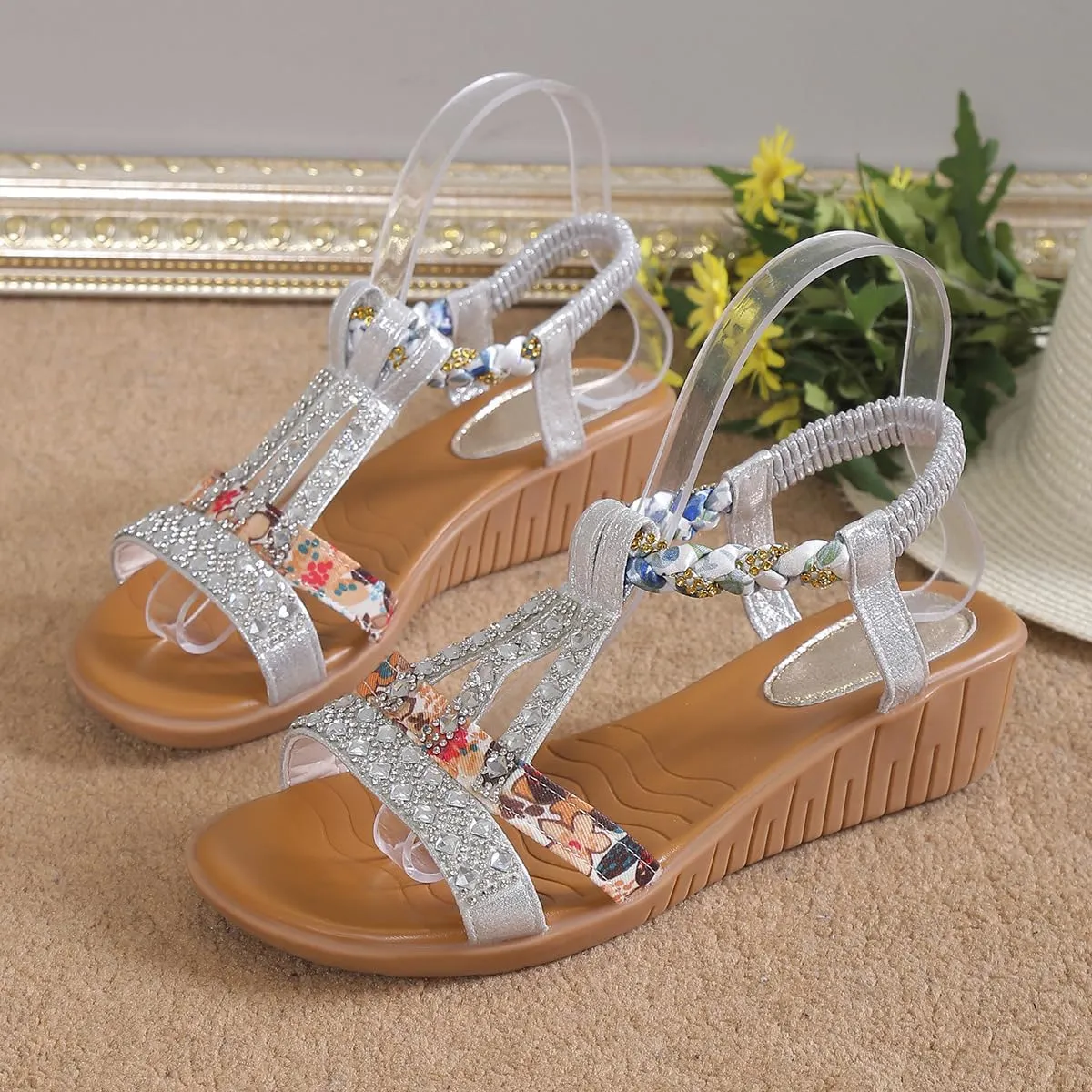 Low Wedge Sandals for Women Bohemia Beach Shoes Elastic Ankle Strap with Arch Support Slip On Open Toe Rhinestone Summer Comfortable Shoe