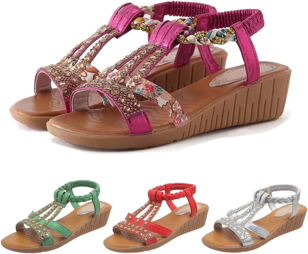 Low Wedge Sandals for Women Bohemia Beach Shoes Elastic Ankle Strap with Arch Support Slip On Open Toe Rhinestone Summer Comfortable Shoe