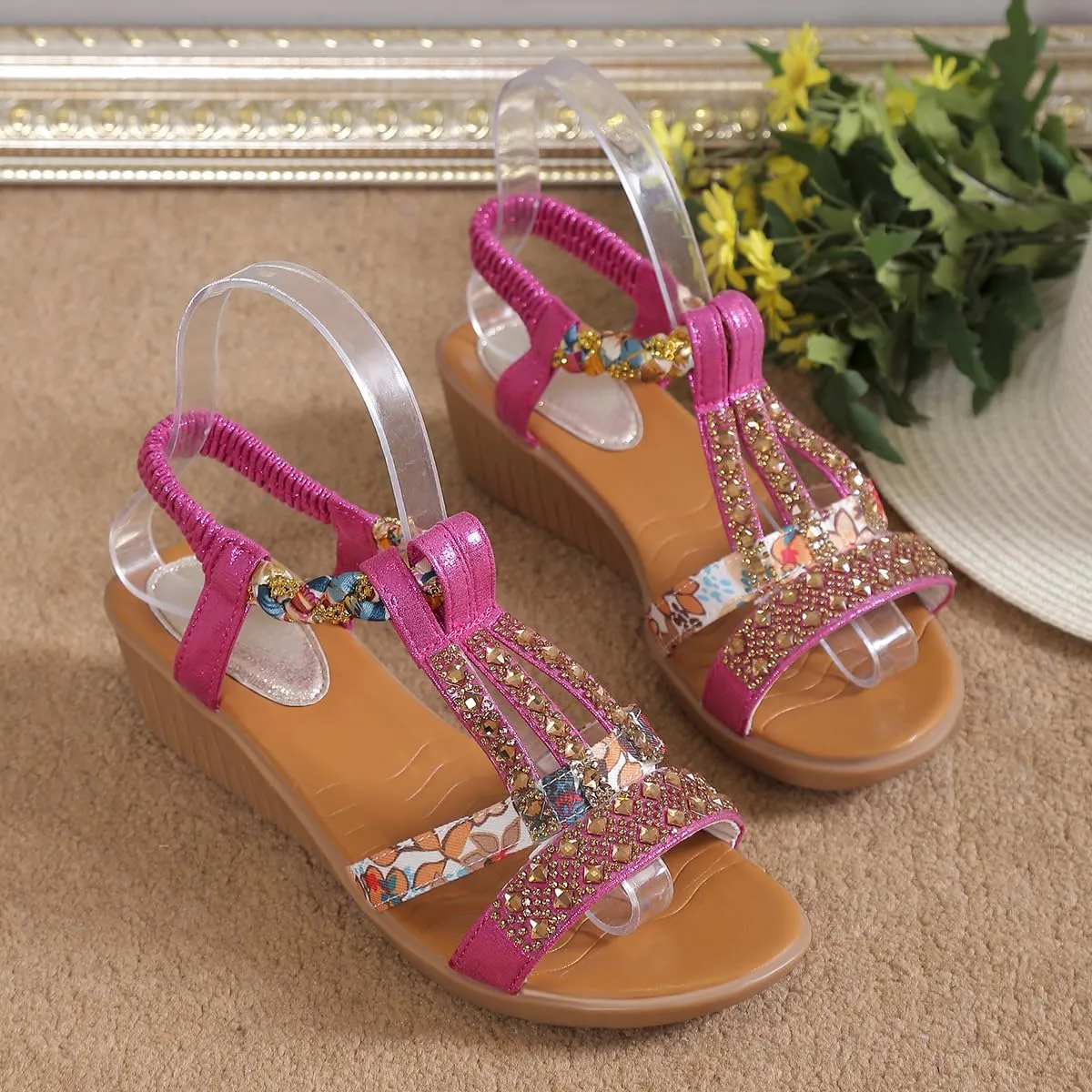 Low Wedge Sandals for Women Bohemia Beach Shoes Elastic Ankle Strap with Arch Support Slip On Open Toe Rhinestone Summer Comfortable Shoe