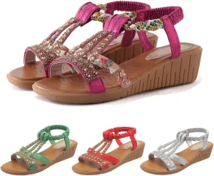 Low Wedge Sandals for Women Bohemia Beach Shoes Elastic Ankle Strap with Arch Support Slip On Open Toe Rhinestone Summer Comfortable Shoe